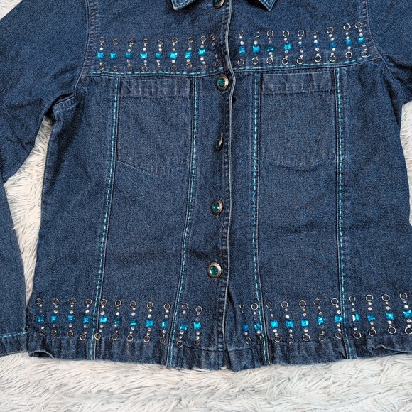 Keren Hart Jacket Womens S Blue Denim Button Up Bling Jeweled‎ Casual Comfort - Picture 7 of 11
